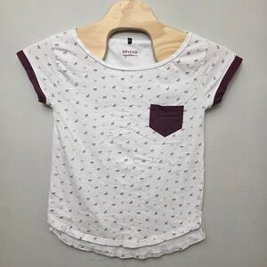 Spiced‎ Equestrian Womens Horse Bow Print Pocket T-Shirt White Burgundy Size M